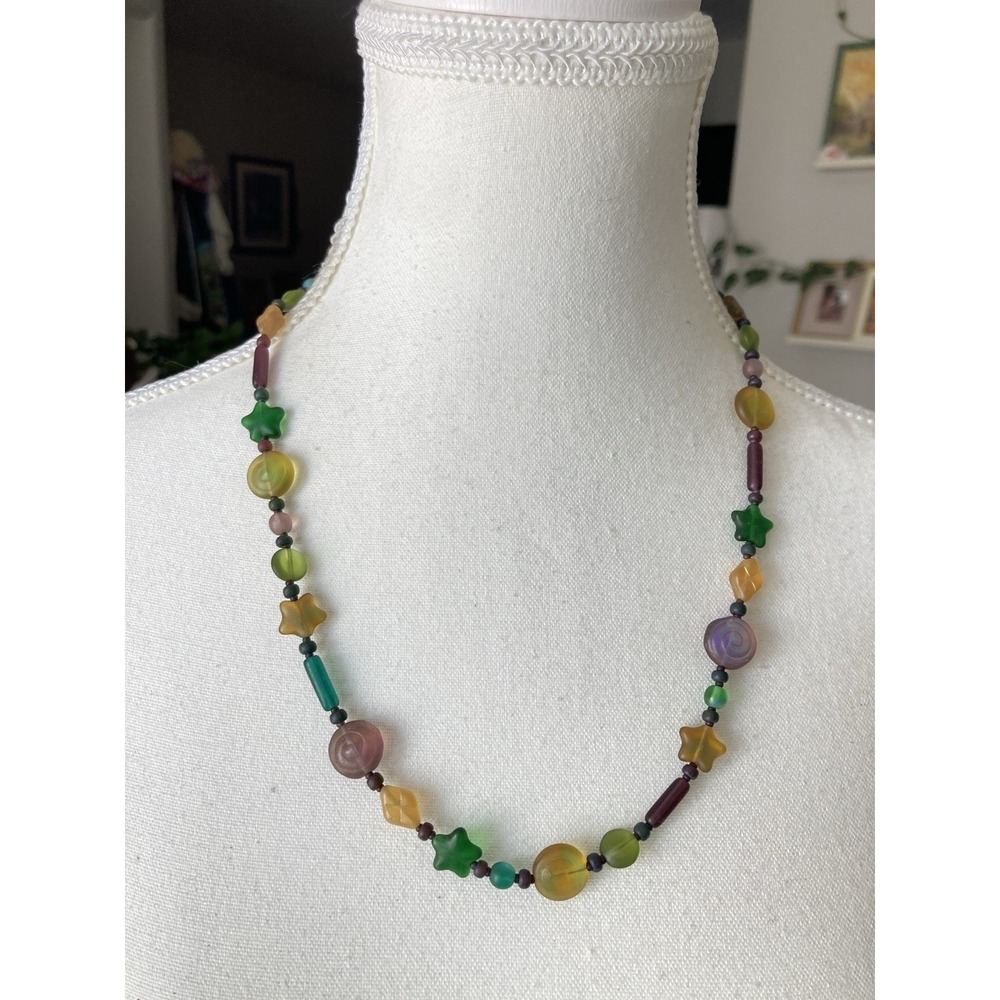 Colorful‎ Glass Bead Necklace Star Swirl Green Yellow Purple Sea glass Whimsical